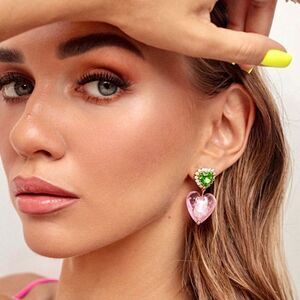 HEY MAEVE UNHINGED & HAPPY PINK GLASS HEARTS GREEN RHINESTONES DANGLE EARRINGS